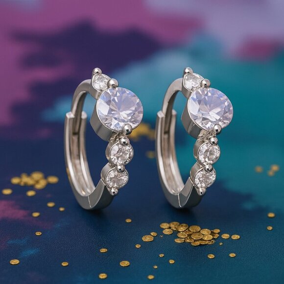 Minimalist Dainty Hoop Earrings S925 Sterling Silver With Sparkling CZ Stones - Picture 5 of 10